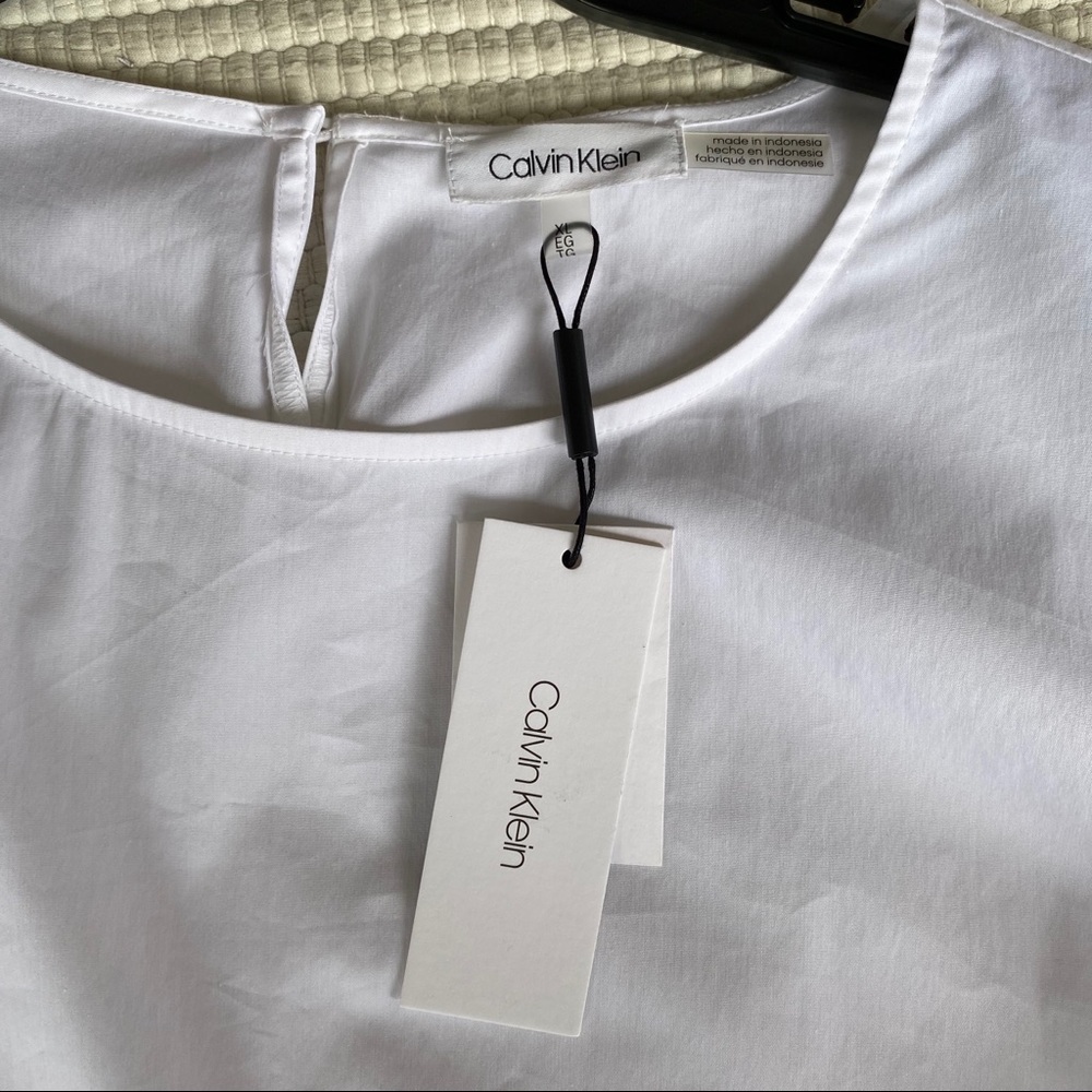 Calvin Klein White Poplin Ruffle Sleeve Blouse XL NWT Summer Chic - Picture 6 of 10